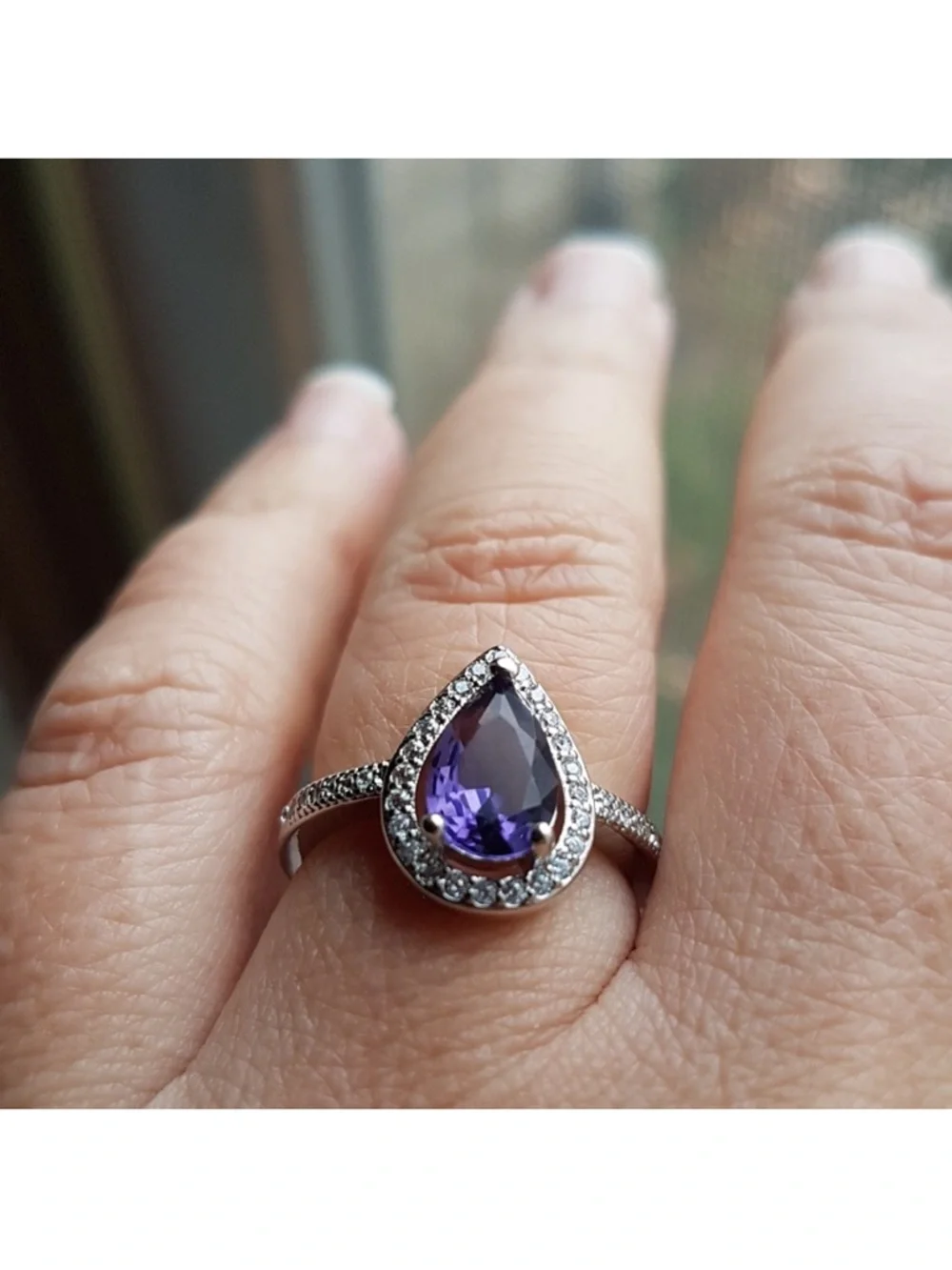 Swarovski Elements 925 Sterling Silver Amethyst Purple Teardrop Ring NEW